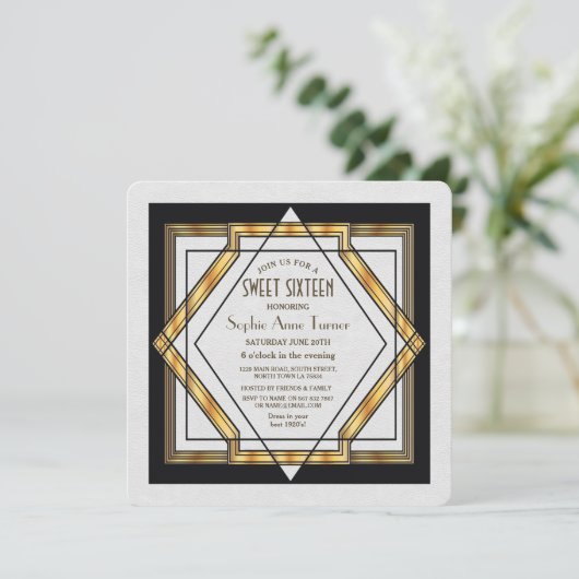 Great Gatsby Goud Witte Art Deco 1920 SWEET 16 Kaart (Staand voorkant)