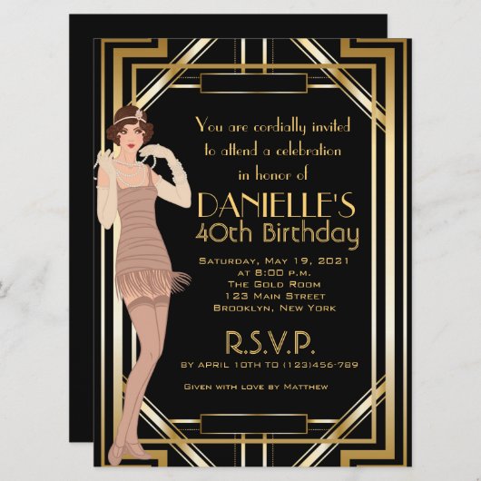 Great Gatsby Inspired Art Deco Birthday Invitation Kaart (Voorkant / Achterkant)