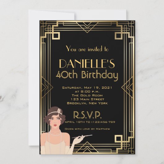 Great Gatsby Inspired Art Deco Birthday Invitation Kaart (Voorkant)