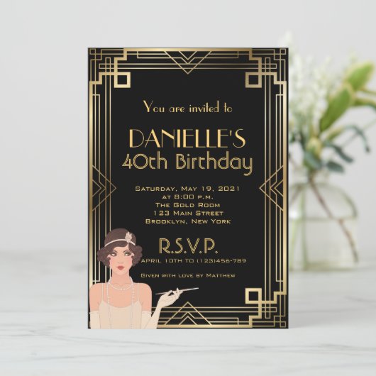 Great Gatsby Inspired Art Deco Birthday Invitation Kaart (Staand voorkant)