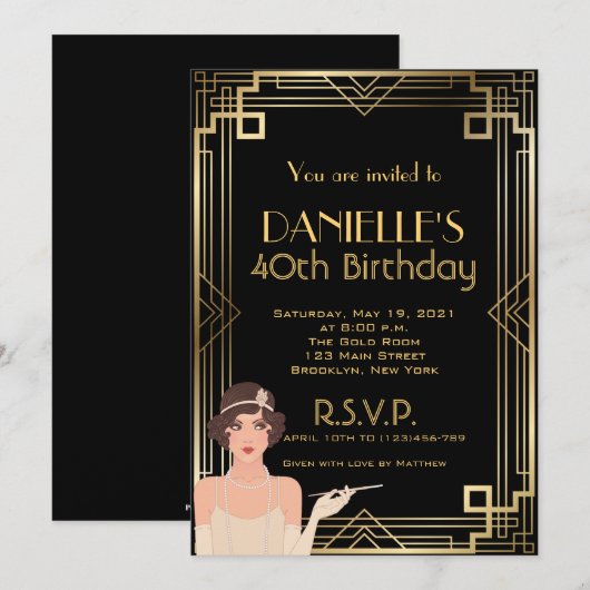 Great Gatsby Inspired Art Deco Birthday Invitation Kaart (Voorkant / Achterkant)