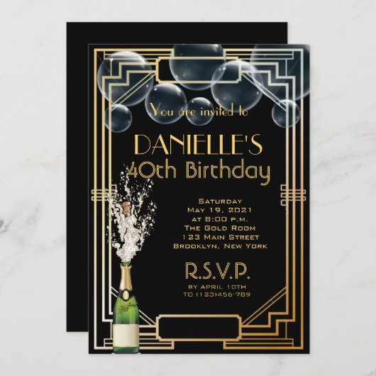 Great Gatsby Inspired Art Deco Birthday Invitation Kaart (Voorkant / Achterkant)