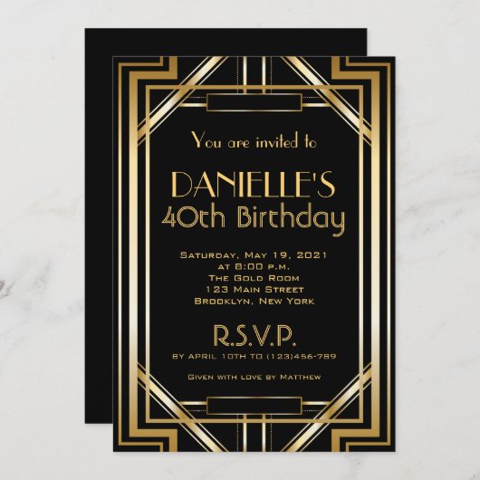 Great Gatsby Inspired Art Deco Birthday Invitation Kaart (Voorkant / Achterkant)