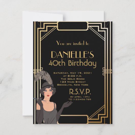 Great Gatsby Inspired Art Deco Birthday Invitation Kaart (Voorkant)