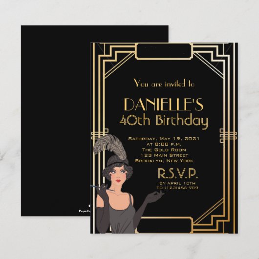 Great Gatsby Inspired Art Deco Birthday Invitation Kaart (Voorkant / Achterkant)
