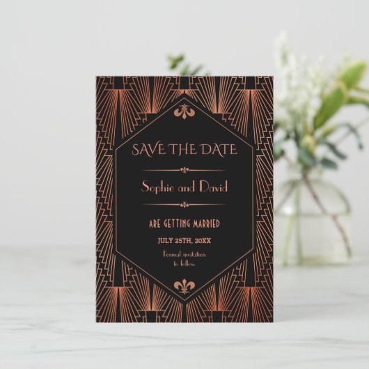 Great Gatsby Koperen Art Deco Trouw Save The Date Kaart (Staand voorkant)