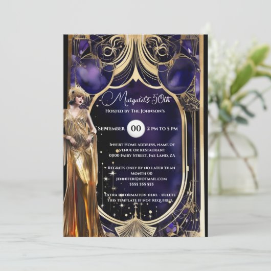 Great Gatsby paarse gouden 1920 retro thema Kaart (Staand voorkant)