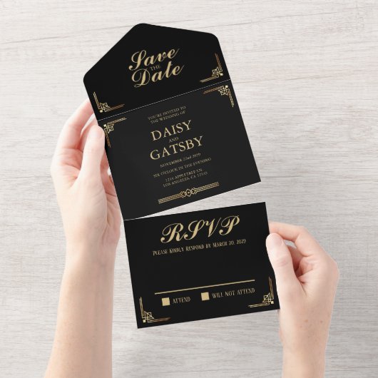 Great Gatsby Save the Date RSVP All In One Uitnodiging (Afscheurbaar)