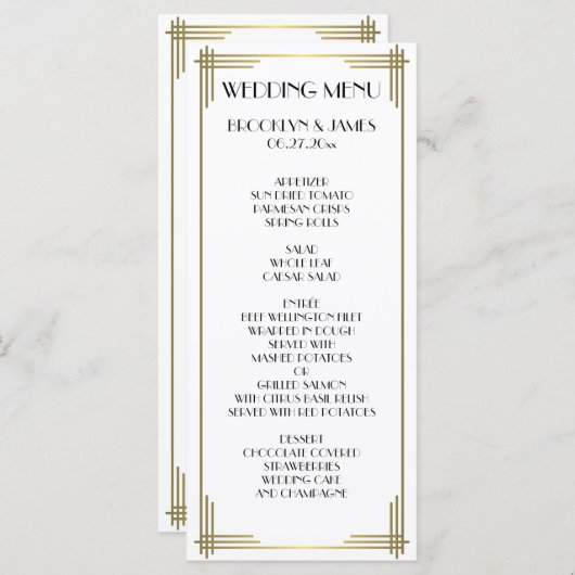 Great Gatsby witte Art Deco trouwmenu kaart (Voorkant / Achterkant)