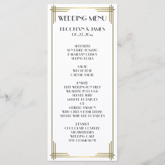 Great Gatsby witte Art Deco trouwmenu kaart (Voorkant)