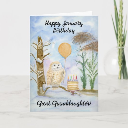 Great Granddaughte Happy January Birthday Owl Cake Kaart (Voorkant)