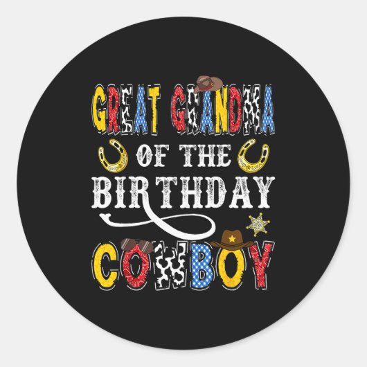 Great Grandma Of The Birthday Cowboy Western Rodeo Ronde Sticker (Voorkant)