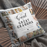 Great Grandma Photo Collage Kussen<br><div class="desc">Persoonlijke grootmoederfotokussens met het schattige gezegde "je zet de overgrote grootmoeder",  16 afbeelding van de kleinkinderen,  hun namen,  en de zoete titel "oma's houden onze kleine handen een tijdje,  maar ons hart voor altijd".</div>