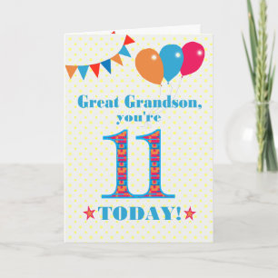 Great Grandson 11th Birthday Bunting Balloons Kaar Kaart