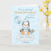 Great Grandson Blue Penguin Baptism Kaart (Gele Bloem)