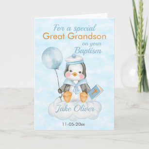Great Grandson Blue Penguin Baptism Kaart