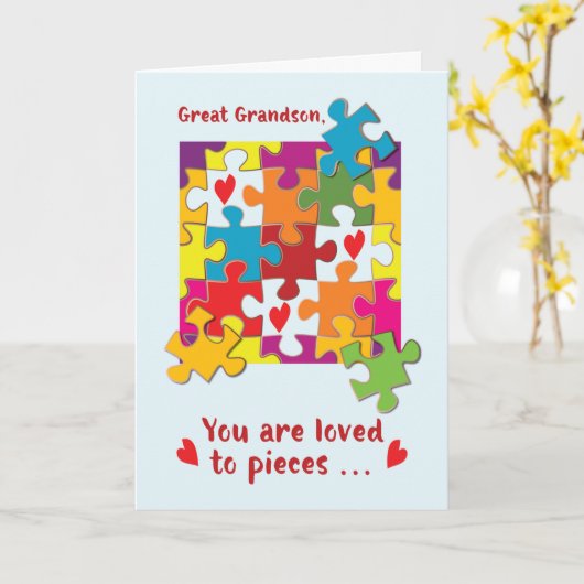Great Grandson Valentine Puzzle Love to Pieces Kaart (Gele Bloem)