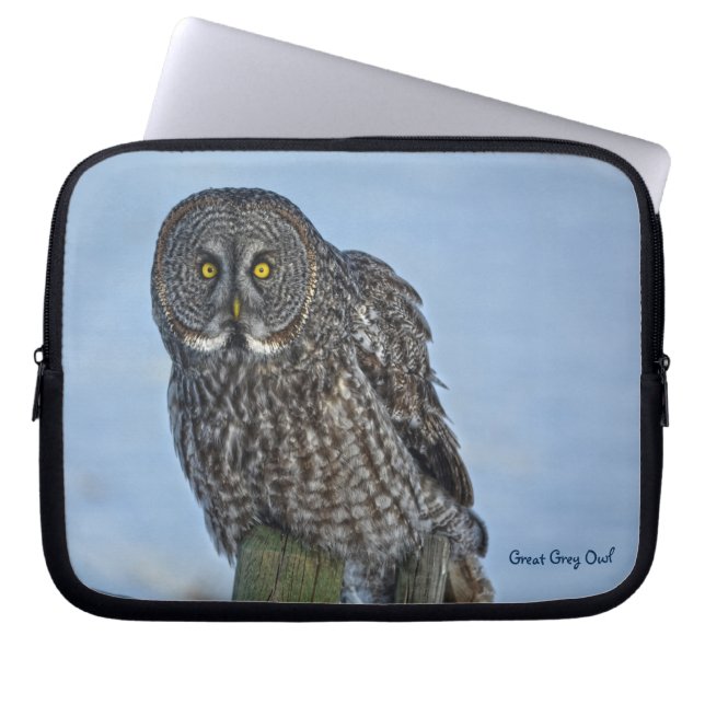 Great Grey Owl Raptor Winter Wildlife Foto Laptop Sleeve (Voorkant)