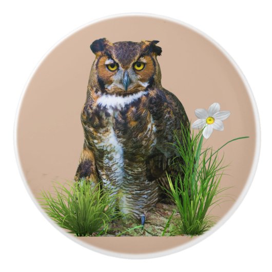 Great Horned Owl and Flower Keramische Knop (Voorkant)