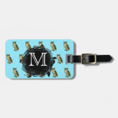 Great Horned Owl Blue Pattern Monogram Bagagelabel (Voorkant horizontaal)