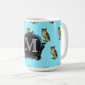 Great Horned Owl Blue Pattern Monogram Koffiemok (Voorkant rechts)