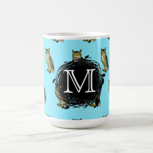 Great Horned Owl Blue Pattern Monogram Koffiemok