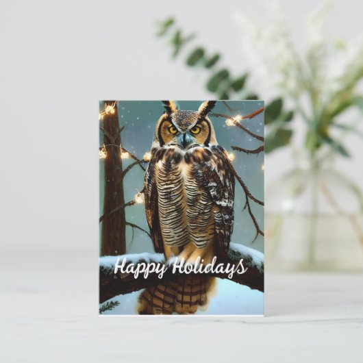 Great Horned Owl in Winter Holiday Briefkaart (Staand voorkant)