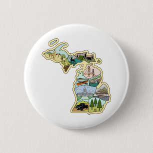 Great Lake State Michigan Vintage Illustrated Map Ronde Button 5,7 Cm