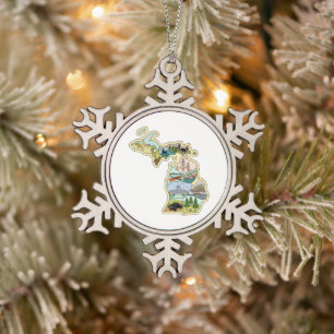 Great Lake State Michigan Vintage Illustrated Map Tin Sneeuwvlok Ornament