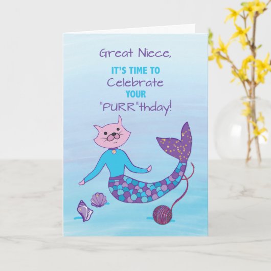 Great Niece Birthday Purrmaid with Sparkly Glitter Kaart (Gele Bloem)