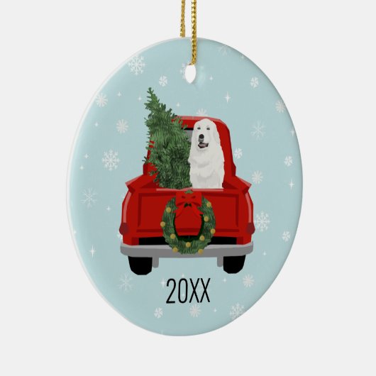 Great Pyreneeën met kerstrood vrachtwagen Keramisch Ornament (Rechts)