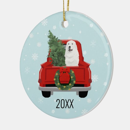 Great Pyreneeën met kerstrood vrachtwagen Keramisch Ornament (Links)