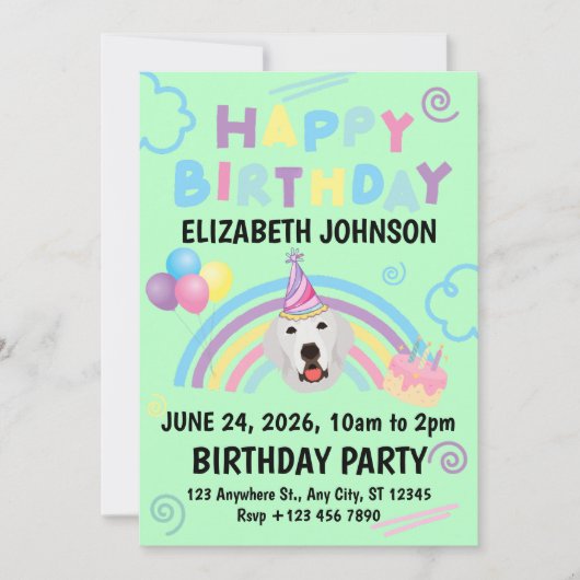 Great Pyrenees Birthday Invitation Green Kaart (Voorkant)