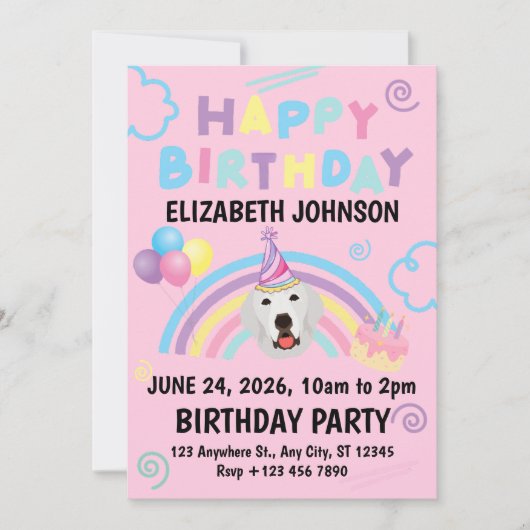 Great Pyrenees Birthday Invitation Pink Kaart (Voorkant)