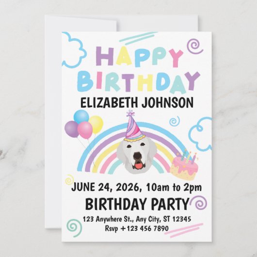 Great Pyrenees Birthday Party Invitation White Kaart (Voorkant)