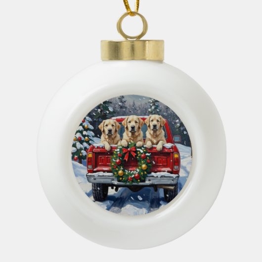 Great Pyrenees Christmas Red Truck Holiday Keramische Bal Ornament (Voorkant)