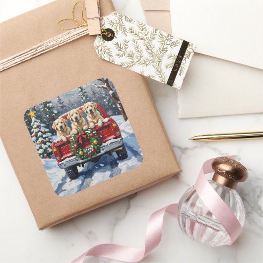 Great Pyrenees Christmas Red Truck Holiday Vierkante Sticker (Geschenken)