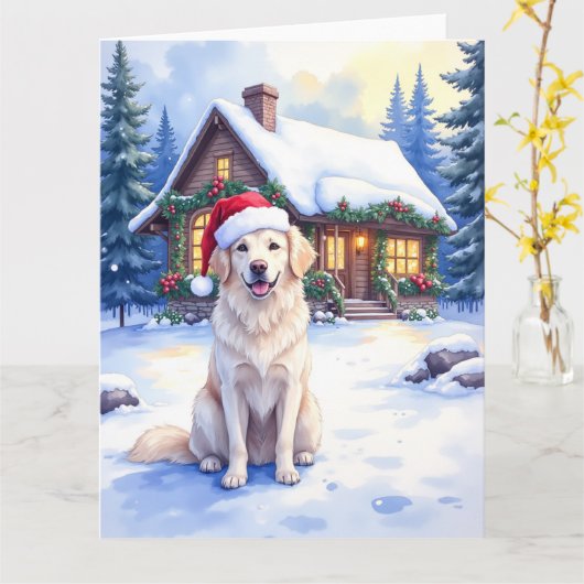 Great Pyrenees Snowy Mountain Lodge Santa Hat Kaart (Gele Bloem)