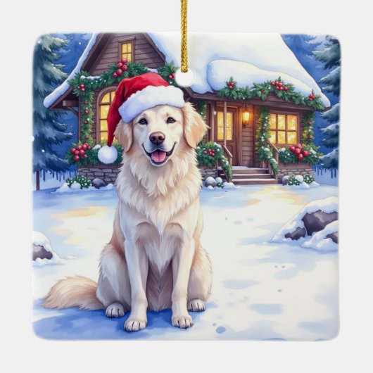 Great Pyrenees Snowy Mountain Lodge Santa Hat Keramisch Ornament (Achterkant)