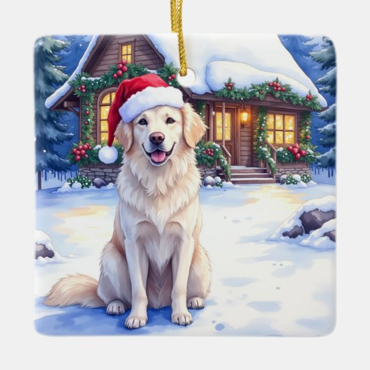 Great Pyrenees Snowy Mountain Lodge Santa Hat Keramisch Ornament (Voorkant)