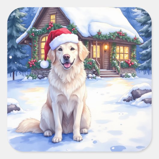 Great Pyrenees Snowy Mountain Lodge Santa Hat Vierkante Sticker (Voorkant)