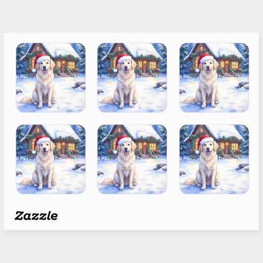 Great Pyrenees Snowy Mountain Lodge Santa Hat Vierkante Sticker (Vel)