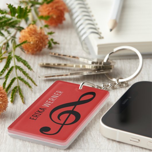 great red musical key-chain with name and initials sleutelhanger (Voorkant Rechts)