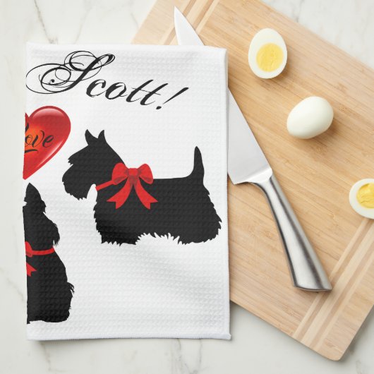 "Great Scott!", Scottish Terrier/Red love hart Theedoek (Quarter Fold)