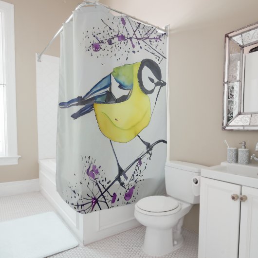 Great Tit Bird Drawing, Hand Drawn British Bird Douchegordijn (In situ)