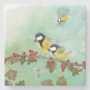 Great Tit Birds & Hawthorn Red Berries Stenen Onderzetter