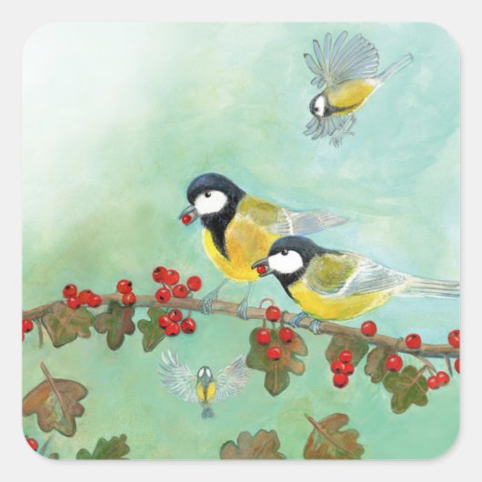 Great Tit Birds & Hawthorn Red Berries Vierkante Sticker (Voorkant)