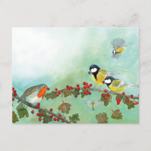 Great Tit Birds, Red Robin en Hawthorn Berries Feestdagenkaart