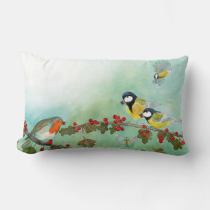 Great Tit Birds, Red Robin en Hawthorn Berries Kussen