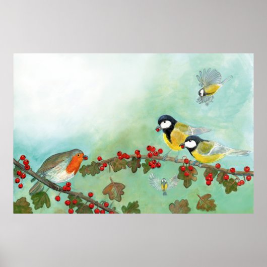 Great Tit Birds, Red Robin en Hawthorn Berries Poster (Voorkant)